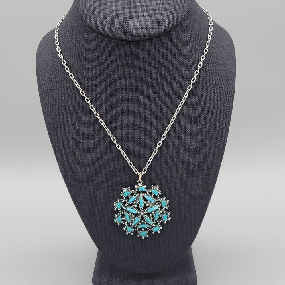 Womens Silver Tone Cable Link Fashion Necklace Blue Kaleidoscope Pendant 24 in